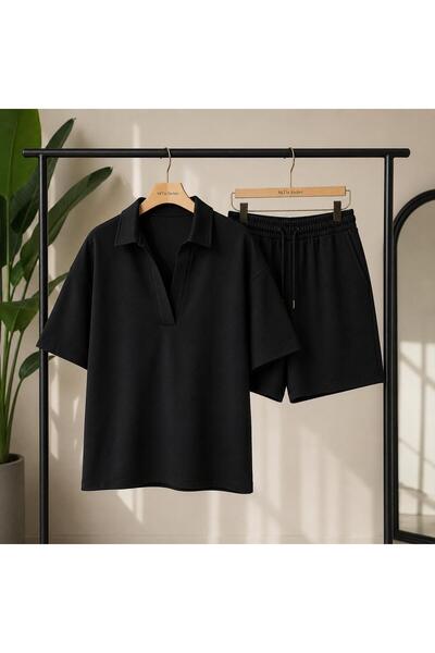 Mİ TİA ATELİER Kadın Yazlık Modal Kumaş Polo Yaka Şort T-shirt Alt Üst Takım