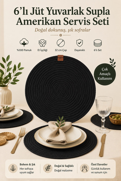 Fabrix Home 6-Piece Jute Supla American Service Set Black Color Bohemian Tabl...