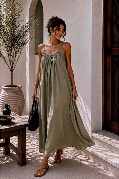 bb butik basic Woven Modal Adjustable Strap Gathered Maxi Dress – Relaxed Fit...