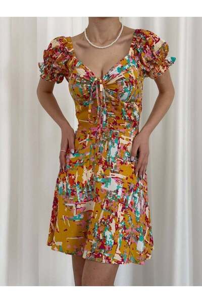 Modafeminen Desen4 Square Neck Short Sleeve Floral Mini Summer Dress 581722