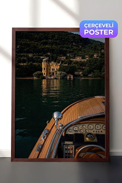 Postifull Poster sa pejzažom jezera i čamca, poster sa smeđim okvirom, serija...