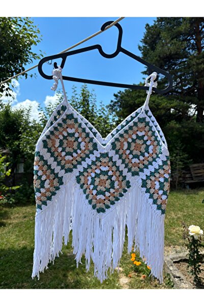 örgü Hand Knitted Tasseled Bohemian Crop Top – Green Beige White Motif Tie-Up...