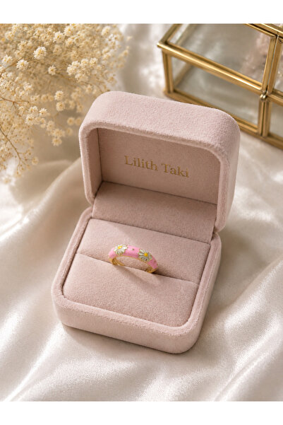 Lilith Takı Pink Enamel Daisy Patterned Adjustable Women's Ring |   Stylish R...