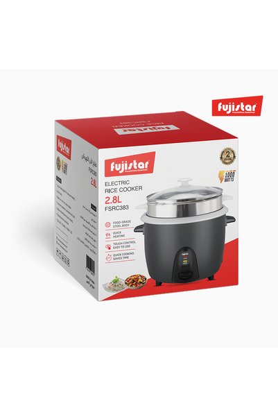 fujistar جهاز طهي الأرز 3 في 1 بقوة 1000 واط وسعة 2.8 لتر، بسماكة هيكل 0.3 مم، غطاء زجاجي، كابل نحاسي 100%، وعاء بخار من الفولاذ 410 - موديل FSRC383