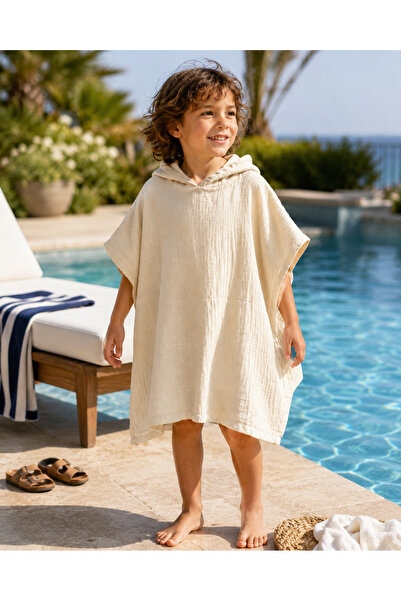 TECHTACT 100% Cotton Cream Handwoven Children's Poncho, Hooded Bathrobe & Bea...