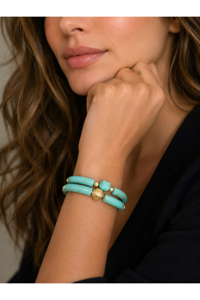 COCOSH TAKI Turquoise Colored Beaded Double Design Flexible Bracelet with Gol...