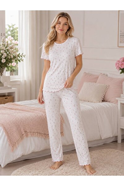 İpek Women's Short Sleeve Crew Neck Pink Floral Pattern Ribbed 100% Cotton Pa...