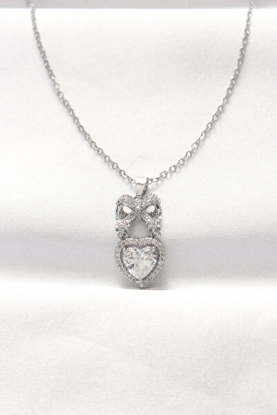Marsilyan 316L Steel Silver Color Zircon Stone Heart Bow Necklace Elk-Bjtieg