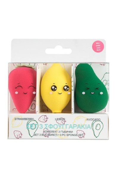 Beauty Set 3 bureți de machiaj în forme fructate: căpșună, lămâie și avocado,...