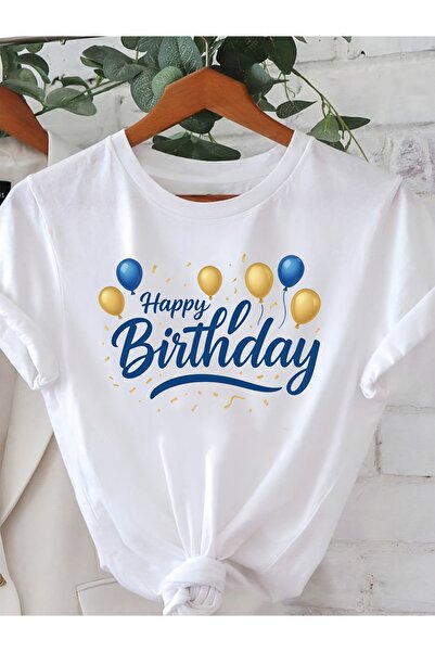 17 seramik تي شيرت نسائي مطبوع عليه عبارة Happy Birthday برقبة دائرية وأكمام ...