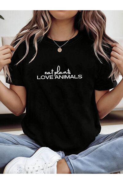 17 seramik تي شيرت مطبوع عليه عبارة "Eat Plants LOVE ANIMALS" بأكمام قصيرة وي...