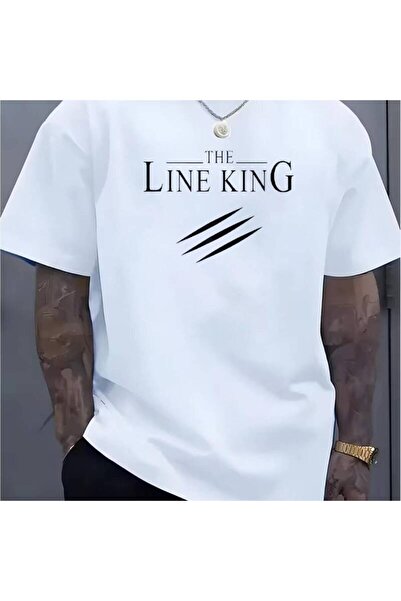 STITCHLY تي شيرت رجالي بطباعة The LINE KING، قميص برقبة دائرية مع طباعة بيضاء...