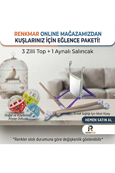 renkmar Bird Entertainment Package: 3 Balls with Bells + 1 Mirror Swing + 2 W...