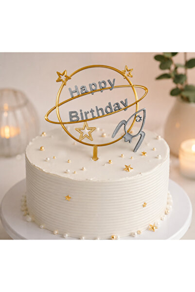 LİYA3D Uzay Temalı Happy Birthday Pasta Süsü – 3D Baskı Roketli Doğum Günü Ca...