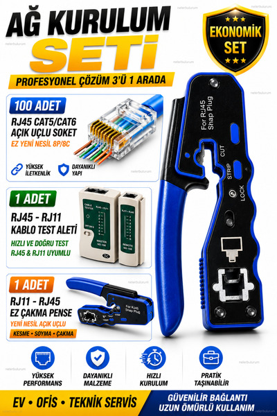 nelerbulurum 100’lü Açık Uçlu RJ45 Konnektörlü Cat5 Cat6 Ağ Kablo Kurulum Set...