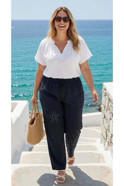 shE tekstil Heart Mesh Embroidered Plus Size Linen Trousers