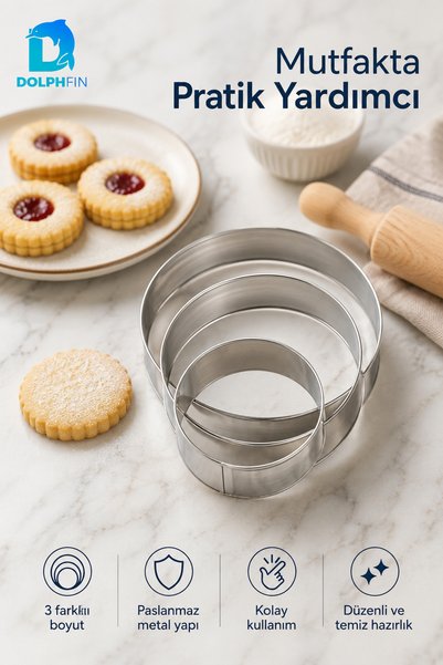 DolphFin Round Cookie Mold Set of 3 Metal Dough Cutter Stainless Mold Set 6 5 4 cm