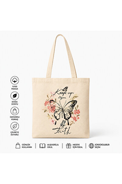 Minimaliz Studio Kelebek Desenli Bez Çanta | Floral Çiçek Tasarımlı Kanvas Om...