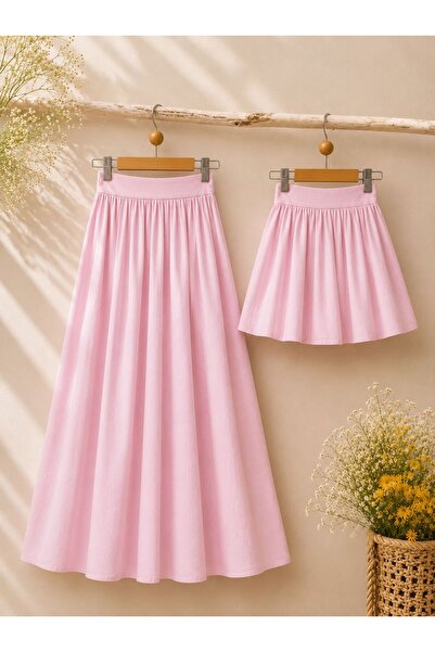 KÜÇÜĞÜM BUTİK Powder Pink Flared Poplin Balloon Mother-Daughter Skirt Combina...