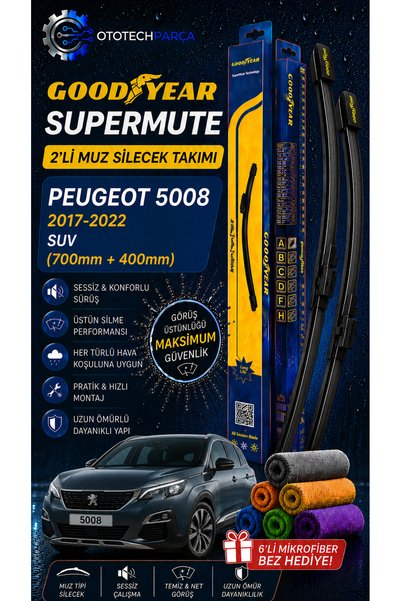 Goodyear Peugeot 5008 Supermute 2'Li Muz Silecek Takımı 2017-2022 Suv (700Mm+400Mm)-6'lı Mikro Fiber Bez Hediye