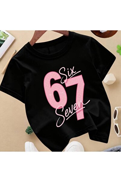 1001 Line Short-Sleeved Pink T-Shirt Girls Featuring The Number 67 And a Curs...
