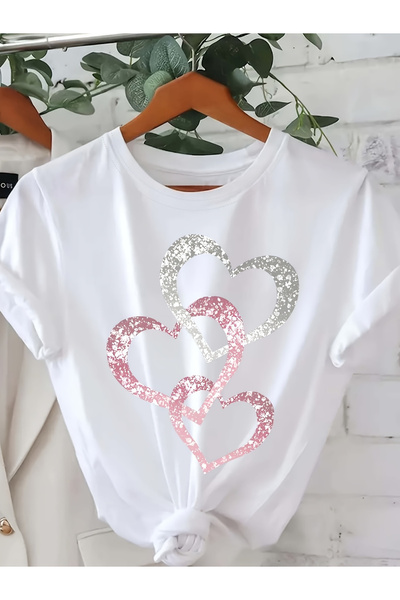 STITCHLY تصميم مطبوع على شكل قلب باللون الوردي الفضي، مزين بترتر من حجر الراي...