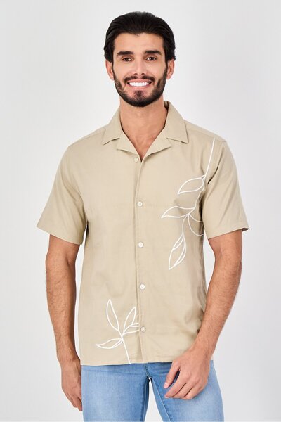 Plenum Studio Men Relaxed Fit Crochet Short Sleeve Casual Shirt, Beige