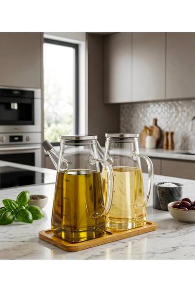 Ars Buğra Home 2'Lİ AHŞAP STANDLI ÇELİK KAPAKLI YAĞDANLIK 1000ML