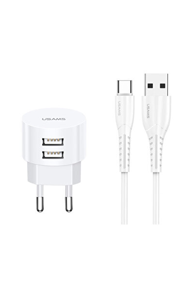Usams φορτιστής τοίχου T20 & καλώδιο type-C, 2x USB, 2.1A, λευκός