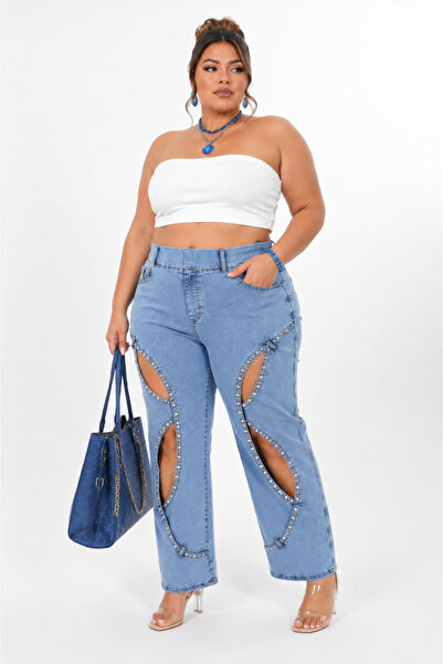 ZANESSİ FASHION Denim Stone Embellished Elastic Low-Cut Wide Leg Women's Trou...