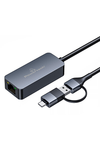 POWERTECH αντάπτορας δικτύου PTR-0149, USB & USB-C, 1000 Mbps, γκρι