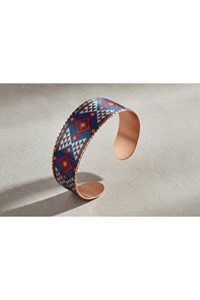 Erol Bakır Copper Blue Caucasian Kilim Patterned Wide Adjustable Clamp Bracel...