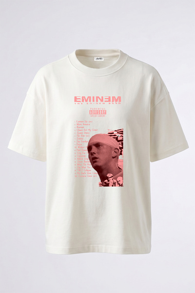 Anetos تي شيرت أبيض كبير الحجم مطبوع بتصميم Eminem Show للجنسين