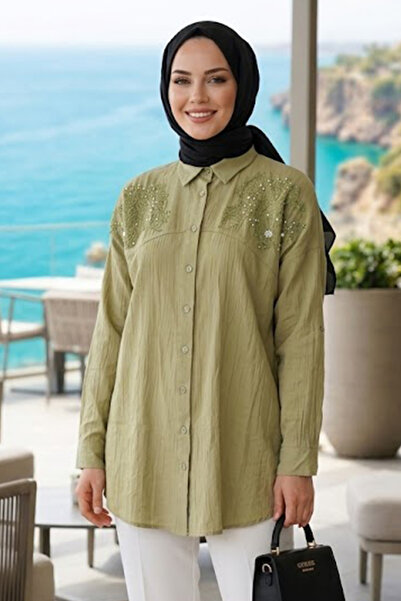N.S NEVA STYLE İnci Nakışlı Açık Haki Tesettür Tunik 10092AHK