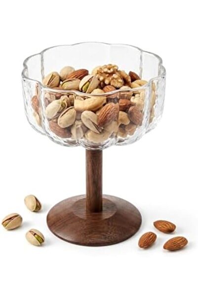 Yıldızan Footed Glass Dessert and Cookie Bowl - Vertical Striped Magnolia, Ic...