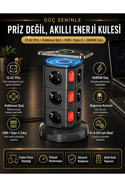 The Wlue 12’li Kule Tipi Çoklu Priz | 3680W | Kablosuz Şarjlı | USB Çıkışlı |...