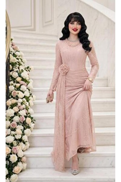 vela Luxury Pink Lace Royal Evening Dress with Side Rose Decoration
