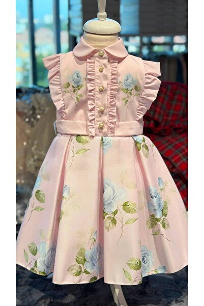 Pamina Girl's Ruffled Collar Evening Dress with Stone Buttons - Powder
