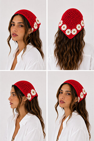 SEVMİŞ HOME Kadın Örgü Bandana Çiçek Motifli Yazlık Bohem Saç Bandanası