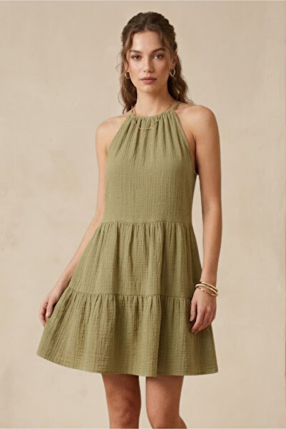 clavia Rochie halter din muselină, rochie de vară cu detaliu de legare la gât...
