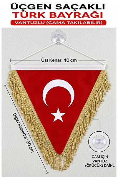 Artmaster Üçgen Altın Sarı Saçaklı Türk Bayrağı 40x50cm 1 Adet Vantuzlu Üçgen...