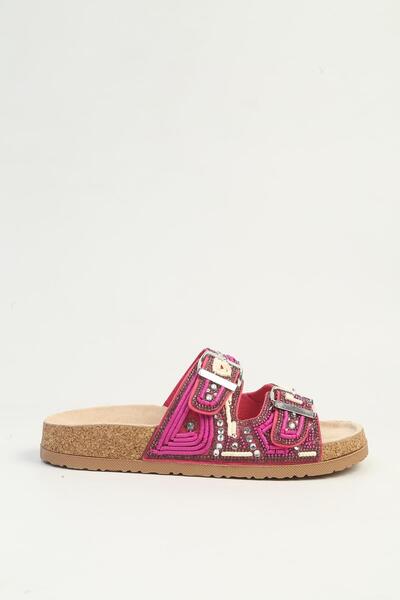 Pierre Cardin Women's Fuchsia Bead Embroidered Double Buckle Cork Sole Slippers