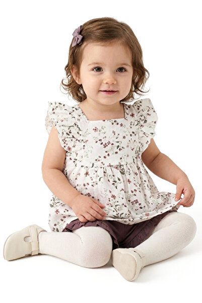 bebegen Baby Girl White Purple Tiny Floral Patterned Muslin 2-Piece Set with ...