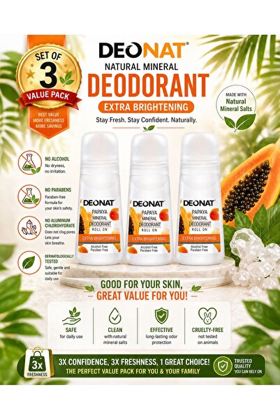 DEONAT Papaya Mineral Deodorant Roll On Extra Brightening with Papaya Extract...
