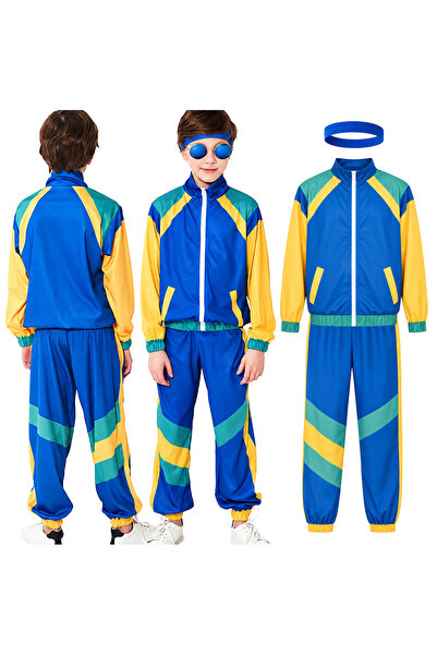 Korbi Costum sport pentru copii în stilul anilor '80, albastru, cu tematică d...
