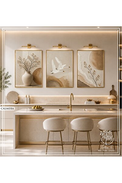 Tablomtr Calmera - Dijital Baskılı Gold Metal Çerçeveli Gerçek Camlı 3'lü Dek...
