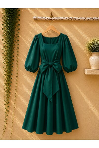 KÜÇÜĞÜM BUTİK Emerald Green Flared Big Bow Square Neck Poplin Dress