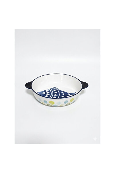 B&D Round Ceramic Baker with Fish Design, 19 cm, White and Navy Blue