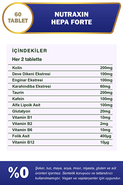 Nutraxin Hepa Forte 60 Tablet Takviye Edici Gıda - Kolin, Deve Dikeni, Enginar, Karahindiba Ekstresi