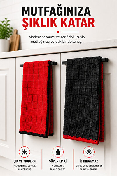 SİLVER HOME Premium Red & Black 2'li Kareli Mikrofiber Mutfak Bezi 40x40 cm Süper Emici Koku Yapmaz İz ve Tüy Bırakmaz